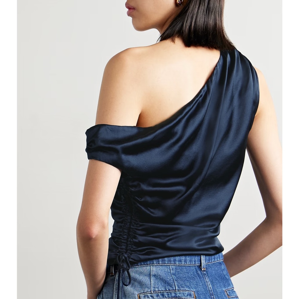Veronica Beard Dione one shoulder draped silk satin top in navy - Picture 2 of 6